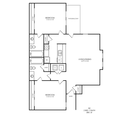 Wilder Floor Plan 2 Bedroom 2 Bath 2 Bed 2 Bath 890 sqft